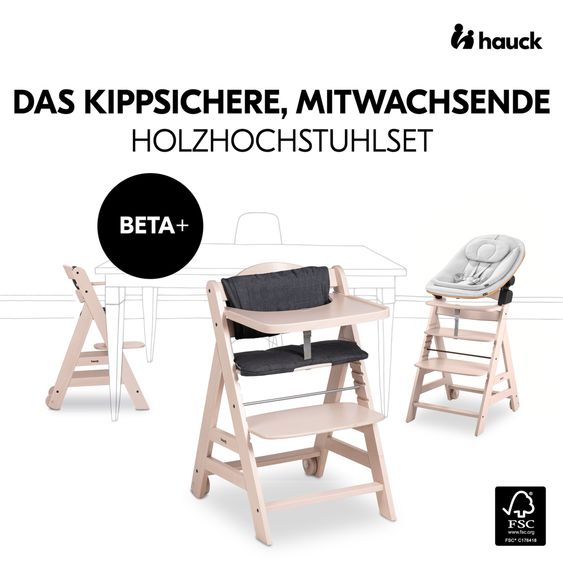 Hauck Beta Plus Whitewashed 5-tlg. Newbornset Eco - Hochstuhl + 2in1 Babyaufsatz & Wippe, Essbrett, Sitzkissen - Light Grey