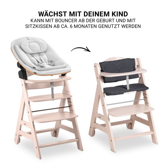 Hauck Beta Plus Whitewashed 5-tlg. Newbornset Eco - Hochstuhl + 2in1 Babyaufsatz & Wippe, Essbrett, Sitzkissen - Light Grey