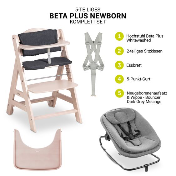 Hauck Set per neonati Beta Plus Whitewashed 5 pezzi - seggiolone + aggancio e sdraietta 2in1, tavola da pranzo, cuscino di seduta - Grigio Scuro Melange