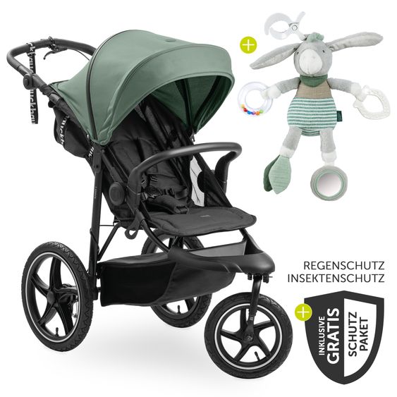 Hauck Buggy & Jogger Runner 3 (with large pneumatic tires) - incl. XXL accessory pack & Fehn toy donkey - Jungle Green