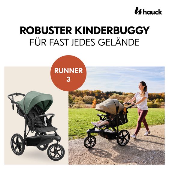 Hauck Buggy & Jogger Runner 3 (con pneumatici grandi) - incluso pacchetto accessori XXL e asino giocattolo Fehn - Verde giungla