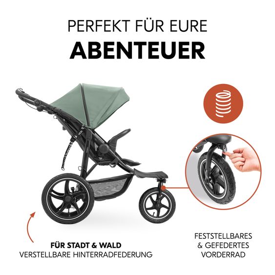 Hauck Buggy & Jogger Runner 3 (con pneumatici grandi) - incluso pacchetto accessori XXL e asino giocattolo Fehn - Verde giungla