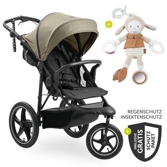 Hauck Buggy & Jogger Runner 3 (with large pneumatic tires) - incl. XXL accessory pack & Fehn toy sheep - Olive