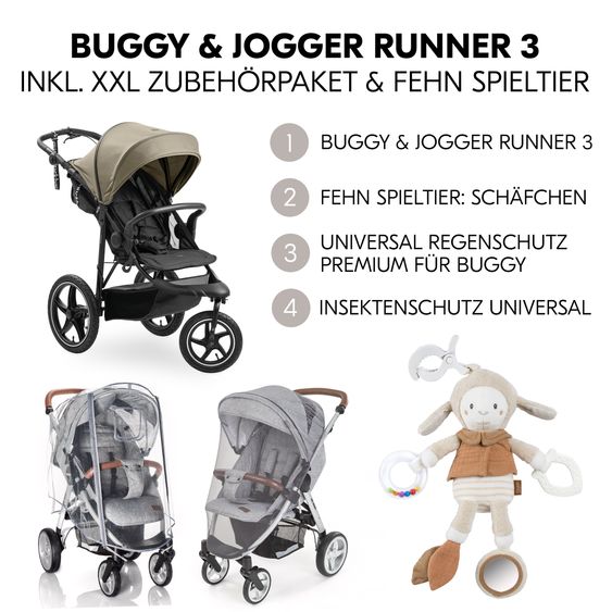 Hauck Buggy & Jogger Runner 3 (with large pneumatic tires) - incl. XXL accessory pack & Fehn toy sheep - Olive