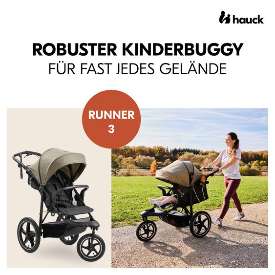 Hauck Buggy & Jogger Runner 3 (con grandi pneumatici) - incluso pacchetto accessori XXL e pecora giocattolo Fehn - Oliva