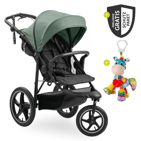 Hauck Buggy & Jogger Runner 3 (with large pneumatic tires) - incl. XXL accessory pack & play animal Klipp Klapp Pferd - Jungle Green