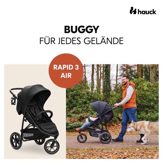 Hauck Buggy Rapid 3 Air (bis 25 kg) - mit Luftreifen, Liegefunktion und XL Verdeck - Black