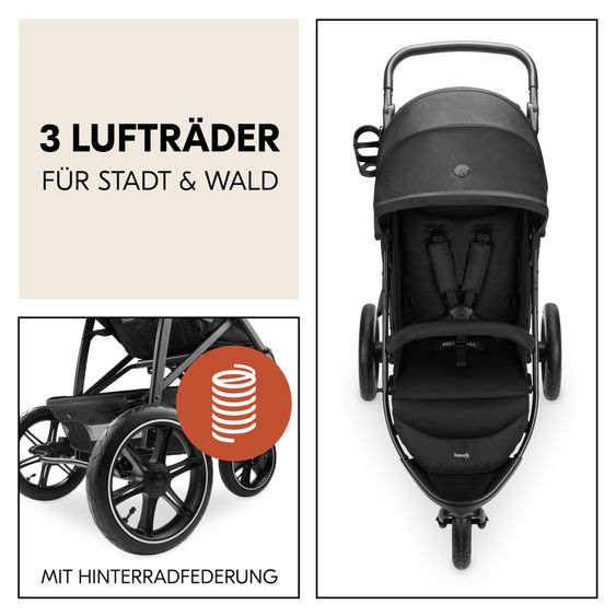 Hauck Buggy Rapid 3 Air (bis 25 kg) - mit Luftreifen, Liegefunktion und XL Verdeck - Black