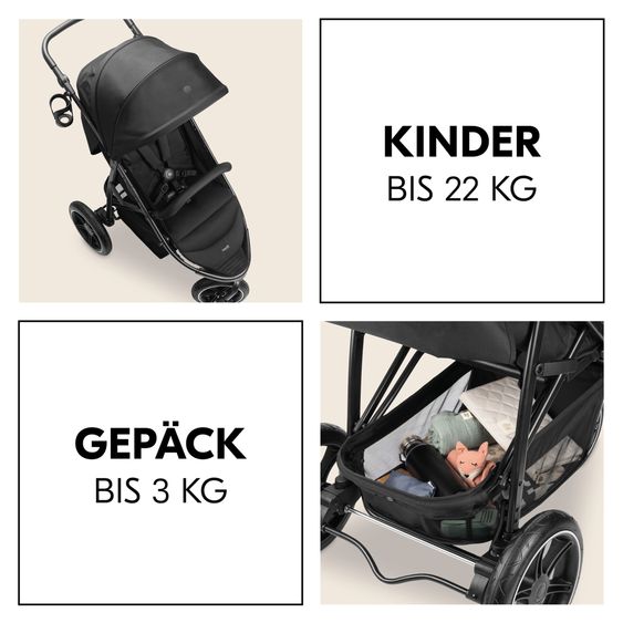 Hauck Buggy Rapid 3 Air (bis 25 kg) - mit Luftreifen, Liegefunktion und XL Verdeck - Black