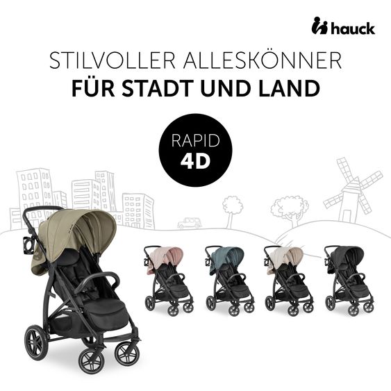 Hauck Passeggino Rapid 4D (fino a 25 kg) con capottina XL e pneumatici all-terrain - incluso pacchetto accessori XXL e cavallo giocattolo Klipp Klapp - Dutsy Rose