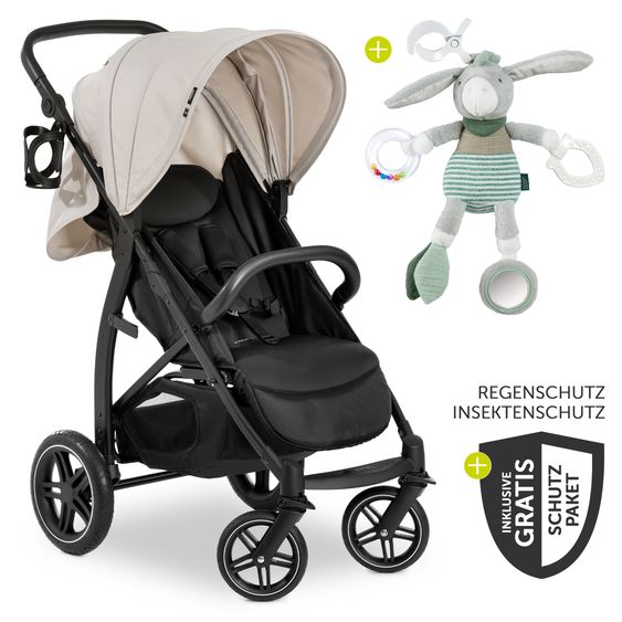 Hauck Buggy Rapid 4D (fino a 25 kg) - capottina XL e pneumatici all-terrain - incluso pacchetto accessori XXL e asino giocattolo Fehn - Classic Beige