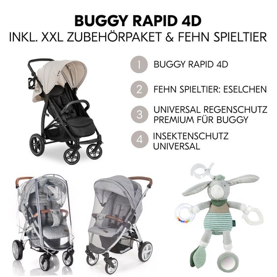 Hauck Buggy Rapid 4D (bis 25 kg) - XL Verdeck & All-Terrain Bereifung - inkl. XXL Zubehörpaket & Fehn Spieltier Eselchen - Classic Beige