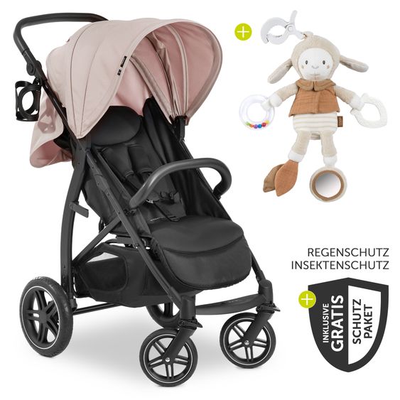 Hauck Buggy Rapid 4D (bis 25 kg) - XL Verdeck & All-Terrain Bereifung - inkl. XXL Zubehörpaket & Fehn Spieltier Schäfchen - Dusty Rose