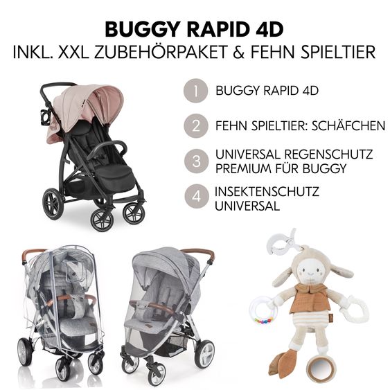 Hauck Buggy Rapid 4D (bis 25 kg) - XL Verdeck & All-Terrain Bereifung - inkl. XXL Zubehörpaket & Fehn Spieltier Schäfchen - Dusty Rose