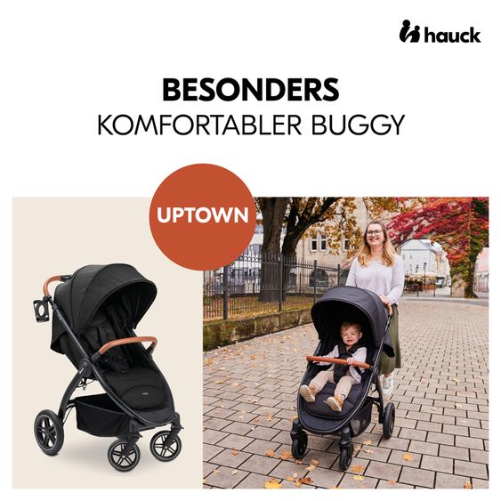 Hauck Buggy & Sportwagen UpTown Black (mit Liegefunktion & Einhand-Faltung) inkl. XXL Zubehörpaket - Melange Black