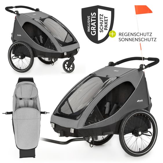 Hauck Fahrradanhänger Sparset Dryk Duo für 2 Kinder (bis 44 kg) - Bike Trailer & City Buggy - inkl. Babysitz Lounger & Schutzpaket - Grey