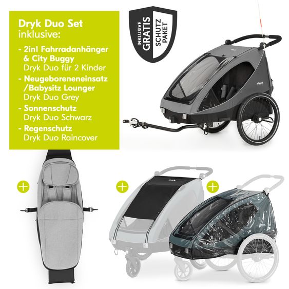 Hauck Fahrradanhänger Sparset Dryk Duo für 2 Kinder (bis 44 kg) - Bike Trailer & City Buggy - inkl. Babysitz Lounger & Schutzpaket - Grey