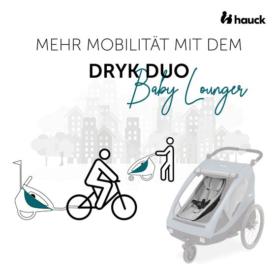 Hauck Fahrradanhänger Sparset Dryk Duo für 2 Kinder (bis 44 kg) - Bike Trailer & City Buggy - inkl. Babysitz Lounger & Schutzpaket - Grey