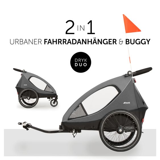 Hauck Fahrradanhänger Sparset Dryk Duo für 2 Kinder (bis 44 kg) - Bike Trailer & City Buggy - inkl. Babysitz Lounger & Schutzpaket - Grey