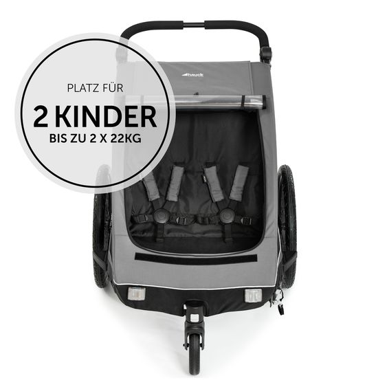 Hauck Fahrradanhänger Sparset Dryk Duo für 2 Kinder (bis 44 kg) - Bike Trailer & City Buggy - inkl. Babysitz Lounger & Schutzpaket - Grey