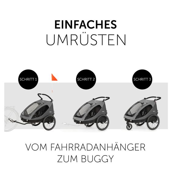 Hauck Fahrradanhänger Sparset Dryk Duo für 2 Kinder (bis 44 kg) - Bike Trailer & City Buggy - inkl. Babysitz Lounger & Schutzpaket - Grey