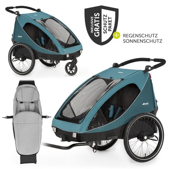 Hauck Fahrradanhänger Sparset Dryk Duo für 2 Kinder (bis 44 kg) - Bike Trailer & City Buggy - inkl. Babysitz Lounger & Schutzpaket - Petrol