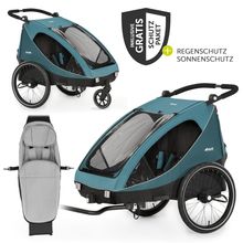 Fahrradanhänger Sparset Dryk Duo für 2 Kinder (bis 44 kg) - Bike Trailer & City Buggy - inkl. Babysitz Lounger & Schutzpaket - Petrol