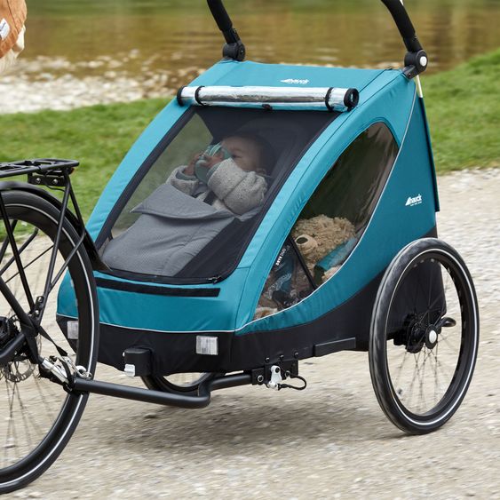 Hauck Fahrradanhänger Sparset Dryk Duo für 2 Kinder (bis 44 kg) - Bike Trailer & City Buggy - inkl. Babysitz Lounger & Schutzpaket - Petrol