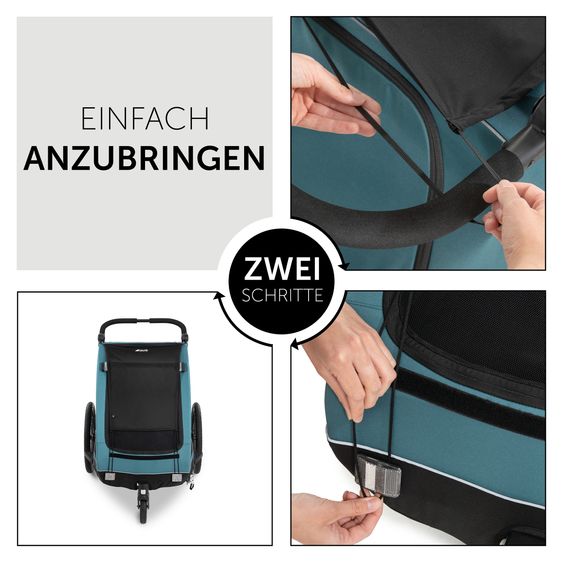 Hauck Fahrradanhänger Sparset Dryk Duo für 2 Kinder (bis 44 kg) - Bike Trailer & City Buggy - inkl. Babysitz Lounger & Schutzpaket - Petrol