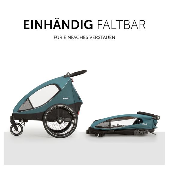 Hauck Fahrradanhänger Sparset Dryk Duo für 2 Kinder (bis 44 kg) - Bike Trailer & City Buggy - inkl. Babysitz Lounger & Schutzpaket - Petrol