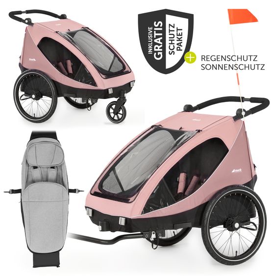 Hauck Fahrradanhänger Sparset Dryk Duo für 2 Kinder (bis 44 kg) - Bike Trailer & City Buggy - inkl. Babysitz Lounger & Schutzpaket - Rose