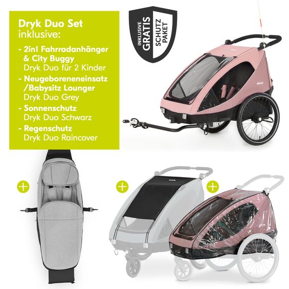 Hauck Fahrradanhänger Sparset Dryk Duo für 2 Kinder (bis 44 kg) - Bike Trailer & City Buggy - inkl. Babysitz Lounger & Schutzpaket - Rose