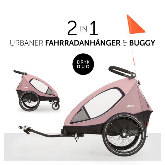 Hauck Fahrradanhänger Sparset Dryk Duo für 2 Kinder (bis 44 kg) - Bike Trailer & City Buggy - inkl. Babysitz Lounger & Schutzpaket - Rose