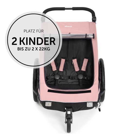 Hauck Fahrradanhänger Sparset Dryk Duo für 2 Kinder (bis 44 kg) - Bike Trailer & City Buggy - inkl. Babysitz Lounger & Schutzpaket - Rose