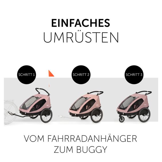 Hauck Fahrradanhänger Sparset Dryk Duo für 2 Kinder (bis 44 kg) - Bike Trailer & City Buggy - inkl. Babysitz Lounger & Schutzpaket - Rose