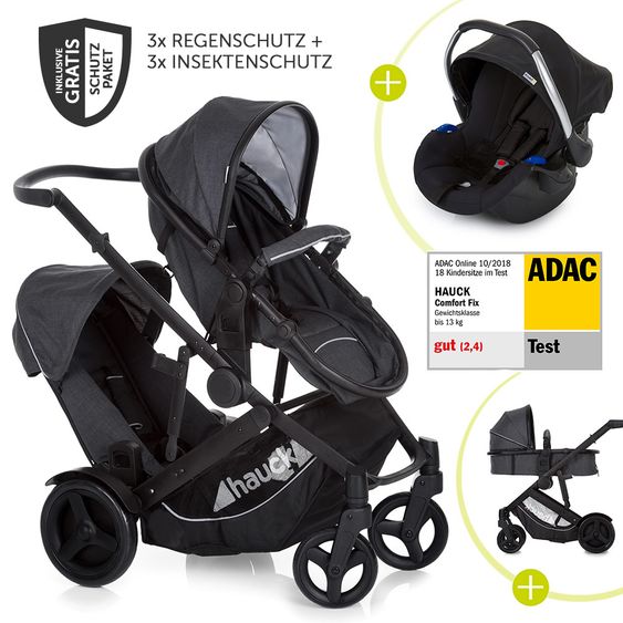 Hauck Geschwister- & Zwillingskinderwagen Duett 3 - inkl. Babywanne, Babyschale Comfort Fix & Zubehörpaket - Melange Charcoal