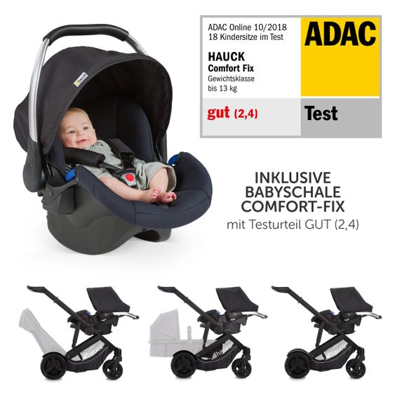 Hauck Geschwister- & Zwillingskinderwagen Duett 3 - inkl. Babywanne, Babyschale Comfort Fix & Zubehörpaket - Melange Charcoal