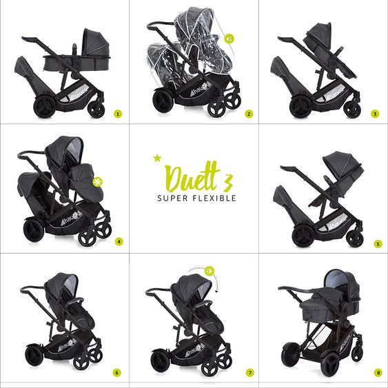Hauck Geschwister- & Zwillingskinderwagen Duett 3 - inkl. Babywanne, Babyschale Comfort Fix & Zubehörpaket - Melange Charcoal