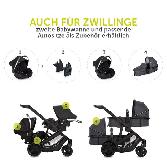 Hauck Geschwister- & Zwillingskinderwagen Duett 3 - inkl. Babywanne, Babyschale Comfort Fix & Zubehörpaket - Melange Charcoal