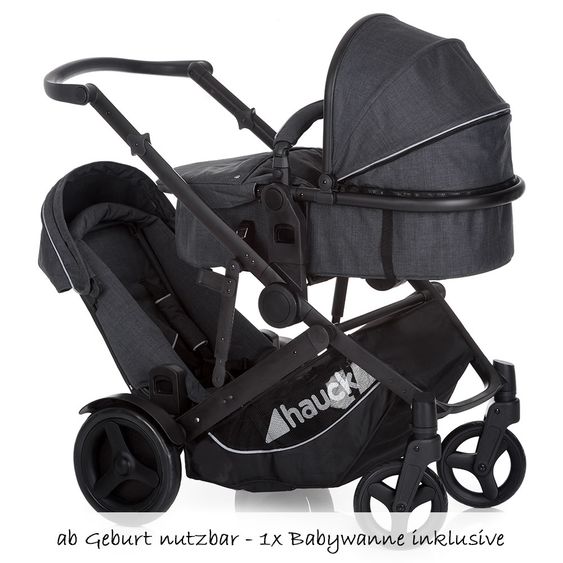 Hauck Geschwister- & Zwillingskinderwagen Duett 3 - inkl. Babywanne, Babyschale Comfort Fix & Zubehörpaket - Melange Charcoal