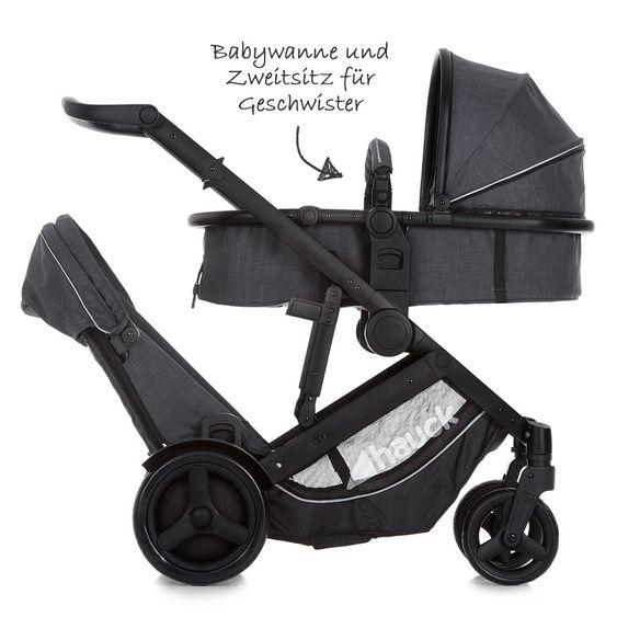 Hauck Geschwister- & Zwillingskinderwagen Duett 3 - inkl. Babywanne, Babyschale Comfort Fix & Zubehörpaket - Melange Charcoal