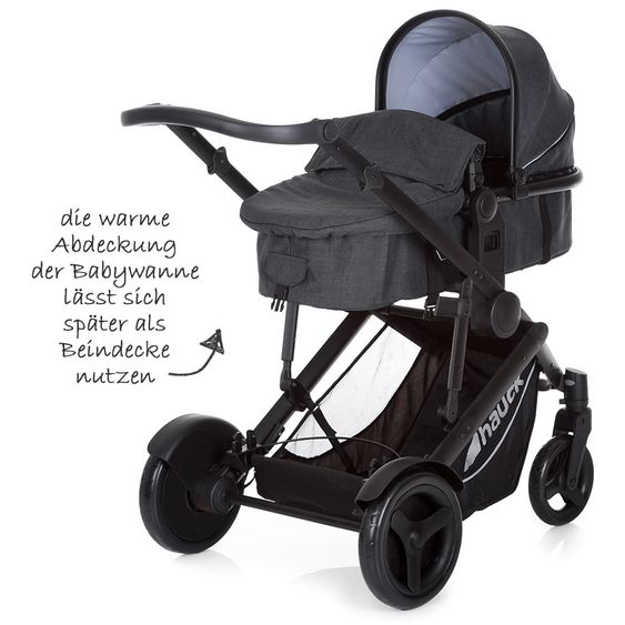 Hauck Geschwister- & Zwillingskinderwagen Duett 3 - inkl. Babywanne, Babyschale Comfort Fix & Zubehörpaket - Melange Charcoal