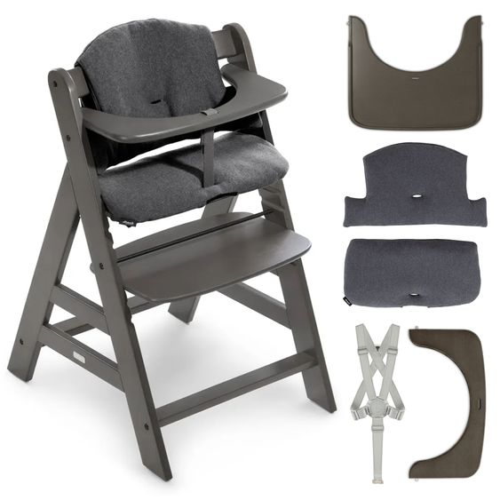 Hauck Chaise Haute Alpha Charcoal Selectline - en Pack Économique Incl. Plateau Repas en Bois et Coussin de Siège Jersey Charcoal