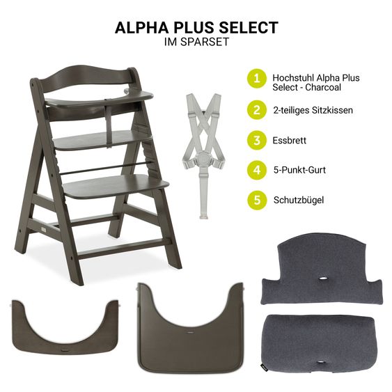 Hauck Hochstuhl Alpha Charcoal Selectline - im Sparset inkl. Holz-Essbrett und Sitzkissen Jersey Charcoal