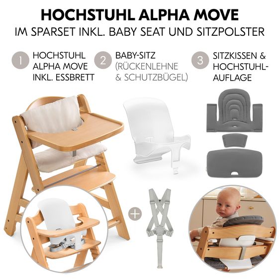 Hauck Hochstuhl Alpha Move - im Sparset inkl. Baby Seat + Baby Seatpad + Essbrett + Sitzkissen