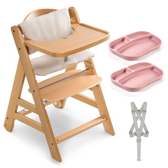 Hauck Highchair Alpha Move - in the value set incl. feeding board, Deluxe beige seat cushion and 2x silicone plates - Nature