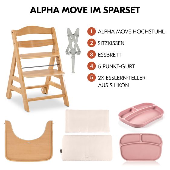 Hauck Highchair Alpha Move - in the value set incl. feeding board, Deluxe beige seat cushion and 2x silicone plates - Nature