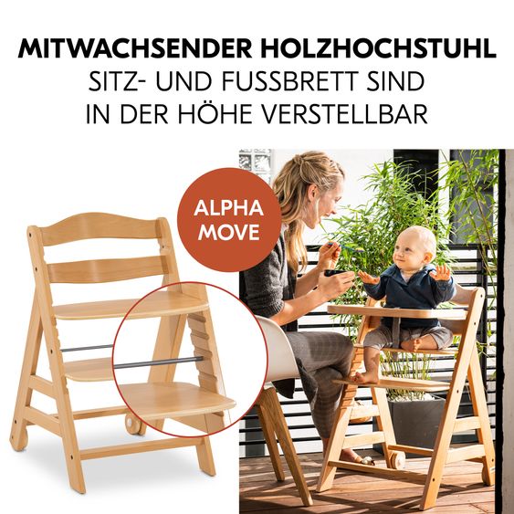 Hauck Chaise Haute Alpha Plus Move - avec Planche Porte-Pieds et Roulettes - Nature