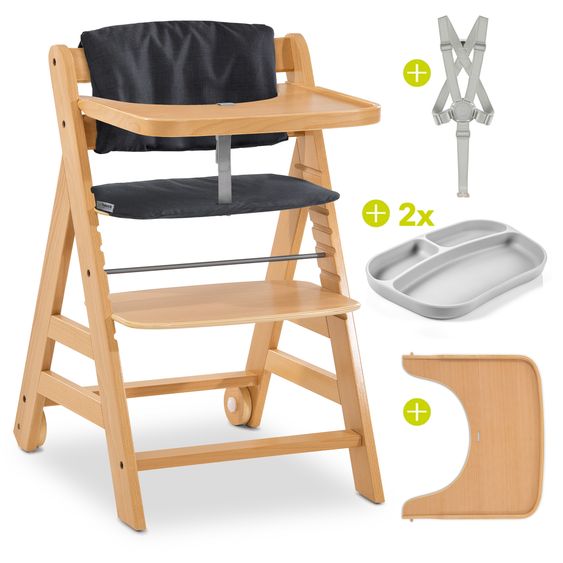 Hauck 5-tlg. Alpha Move Sparset - Hochstuhl + Essbrett + Sitzkissen Deluxe Melange Charcoal + 2x Silikonteller - Natur