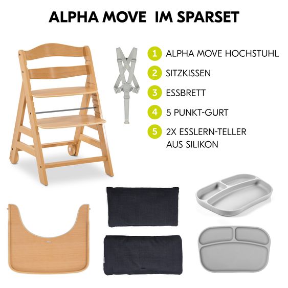 Hauck 5-tlg. Alpha Move Sparset - Hochstuhl + Essbrett + Sitzkissen Deluxe Melange Charcoal + 2x Silikonteller - Natur
